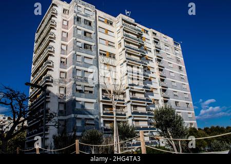 Varosha, Northern Cyprus - January 06, 2022 Cityscape of Varosha, a seaside resort built in 1972, which became a ghost town abandoned by its inhabitan Stock Photo