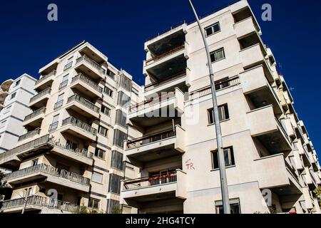 Varosha, Northern Cyprus - January 06, 2022 Cityscape of Varosha, a seaside resort built in 1972, which became a ghost town abandoned by its inhabitan Stock Photo