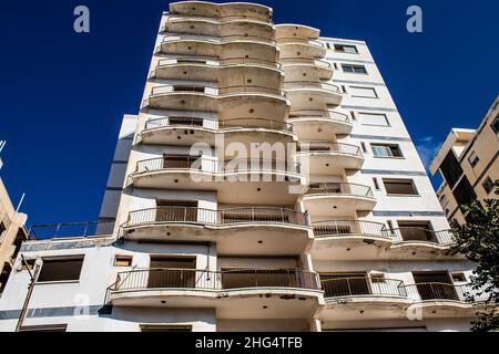 Varosha, Northern Cyprus - January 06, 2022 Cityscape of Varosha, a seaside resort built in 1972, which became a ghost town abandoned by its inhabitan Stock Photo