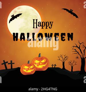 Halloween Full moon, Banner, Spiders, Haunted House, Pumpkins, Death, dead tree, and Bats landscape poster Stock Vector