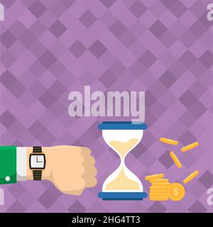 Businessman Using Wristwatch Showing Hourglass Indicating Valuable Measures. Stock Vector