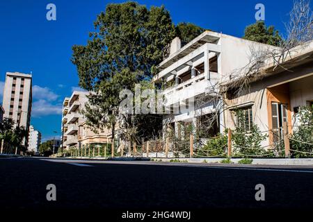 Varosha, Northern Cyprus - January 06, 2022 Cityscape of Varosha, a seaside resort built in 1972, which became a ghost town abandoned by its inhabitan Stock Photo