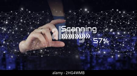 Futuristic and technological scanning. Hand hold digital hologram scanner sign on city dark blurred background. Innovation technology develop smart so Stock Photo