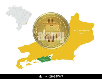 Rio de Janeiro map state and city with Bitcoin gold coin, Brazil with regions states vector Stock Vector