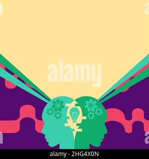 Creative Minds Combining Ideas Creating Innovative Strategies Displaying Teamwork. Heads With Cogwheels Representing Combined Effort Producing Stock Vector