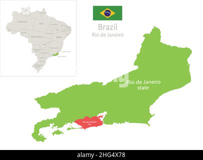 Rio de Janeiro map state and city, Brazil with regions states and flag vector Stock Vector