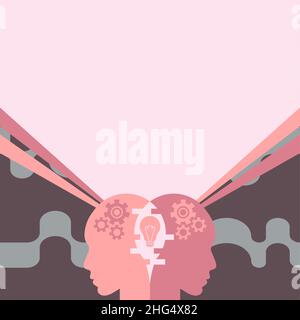 Creative Minds Combining Ideas Creating Innovative Strategies Displaying Teamwork. Heads With Cogwheels Representing Combined Effort Producing Stock Vector