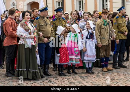 Kazan, Russia - September 21, 2019: Paradewith traditional costums in the streets of Kazan  Tartastan, Russia. Stock Photo