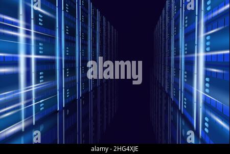 3D server room cloud computing business concept. AI data center firewall cyber security. Information safety system communication administrator data Stock Vector