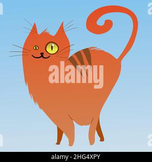 A cute vector drawing of a fat orange curvy cat. The animal has stripes on its back. He walks around very proudly with a curly tail. Stock Vector