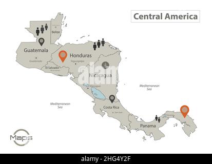 Central America map, individual states with names, Infographics and icons vector Stock Vector