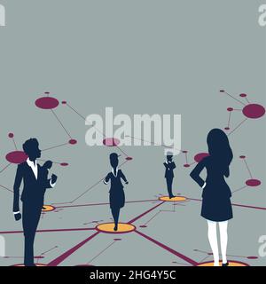 Several Team Members Standing Separate Thinking And Connected With Lines On Floor. Crew Group Placed Over Linked Together With Straight Lines. Stock Vector