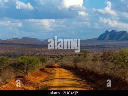 Landscape with mountains, Coast Province, Tsavo West National Park, Kenya Stock Photo