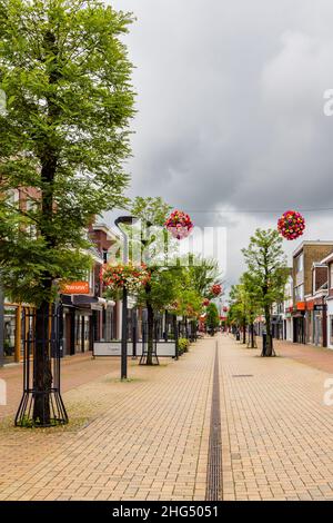 Drachten, The Nethrlands - August 22, 2021: Shopping street with in background The Carrilon of the city Drachten in Friesland in The Netherlands Stock Photo