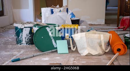 house renovation with all the tools on the ground , construction site with all the equipments Stock Photo