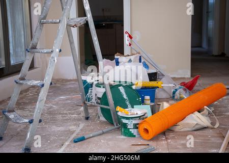 modification and remodelling home with all the necessary tools on the ground Stock Photo