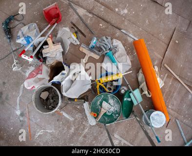 house renovation with top view of all the tools on the ground Stock Photo