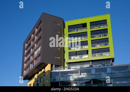 Konepaja district contemporary architecture against clear blue sky in Helsinki, Finland Stock Photo
