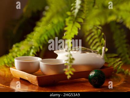 Close up of White porcelain Asian tea set with green Japan tea with baoding ball and fern plant leaves. Selective focus Stock Photo