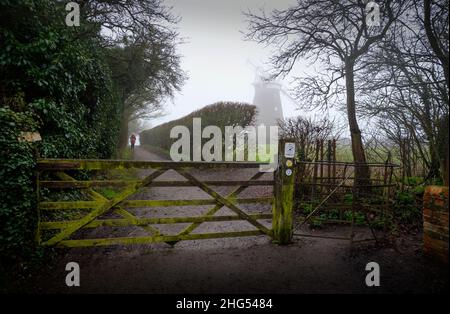 Thaxted Essex England UK on a Misty Winters Day 18 January 2022 JohnWebbs Windmill also known as Thated Windmill in the mist. Stock Photo