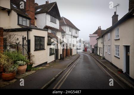 Thaxted Essex England UK on a Misty Winters Day 18 January 2022 Looking from Fishmarket Street to Town Street passing the Guildhall in Thaxted. Stock Photo