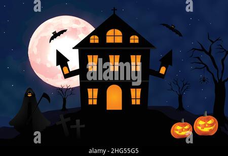 Halloween Full moon, Banner, Spiders, Haunted House, Pumpkins, Death, dead tree, and Bats landscape poster Stock Vector
