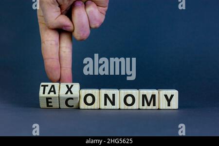 Taxonomy or economy symbol. Businessman turns cubes, changes the word economy to taxonomy. Beautiful grey table, grey background, copy space. Business Stock Photo