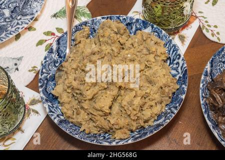 Split peas and cabbage is a traditional side dish at wigilia, the Polish Christmas Eve Supper. Stock Photo