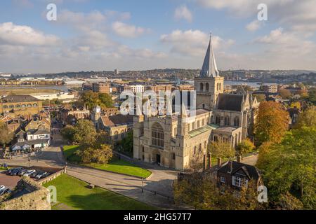 Looking down on Rochester Cathedral from the top of Rochester Castle Stock Photo