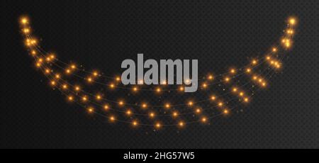 Christmas garland isolated on transparent background. Glowing yelllow light bulbs. Stock Vector