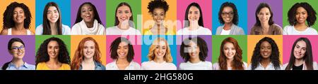 Female beauty. Collage of young multiethnic women over colorful backgrounds, panorama Stock Photo