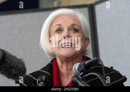 Austin, Texas USA, January 18, 2022: Travis County election clerk Dana DeBeauvoir holds a morning press conference to call out the difficulties with new voting-by-mail applications and new restrictions on voter registrations. DeBeauvoir says the Texas Secretary of State's office has been uncooperative to her and other county clerks facing problems with mail-in ballot registrations. Credit: Bob Daemmrich/Alamy Live News Stock Photo