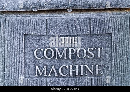 A heavy frost covering a garden compost bin in winter. Stock Photo