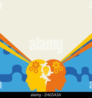 Creative Minds Combining Ideas Creating Innovative Strategies Displaying Teamwork. Heads With Cogwheels Representing Combined Effort Producing Stock Vector