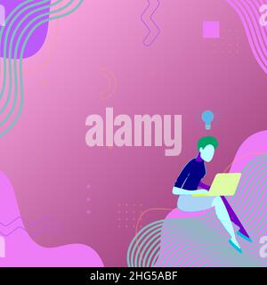 Woman Sitting With Laptop Actively Accomplishing Work From Home With New Thoughts. Girl Busy Typing On Computer Brainstorming New Ideas Stock Vector