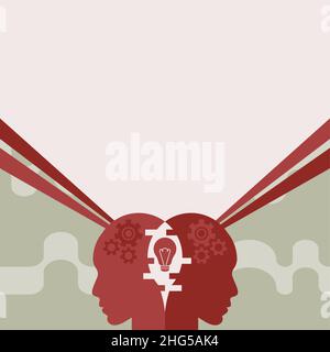 Creative Minds Combining Ideas Creating Innovative Strategies Displaying Teamwork. Heads With Cogwheels Representing Combined Effort Producing Stock Vector