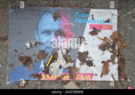 Abondoned election poster of Sebastian Czaja (FDP) near the Glienicke Bridge in Wannsee, Berlin, Germany - January 9, 2022.
