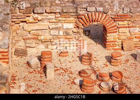 View of remains hypocaust, the heating system in the thermae ruins of the ancient Roman Odessos, in the city of Varna, on the Black Sea coast of Bulga Stock Photo