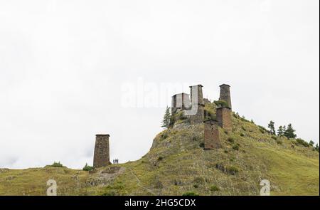 The medieval fortress tower houses of Keselo overlook the village of Omalo in Tusheti, Georgia. Stock Photo