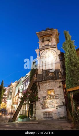 The leaning clock tower built by Georgian puppeteer Rezo Gabriadze is located in old town Tbilisi, Georgia. Stock Photo