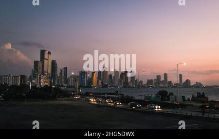Cartagena, Bocagrande cityscape at dusk of bustling downtown urban panorama Stock Photo