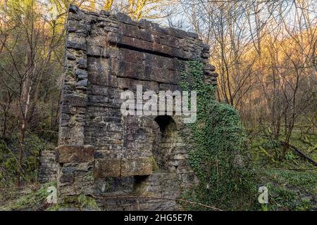 Remains of an 18th century engine house at Mandale Lead Mine, Lathkill Dale, Peak District National Park, Derbyshire, England Stock Photo