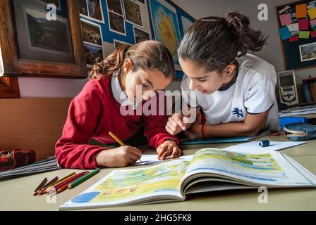 Junior girl students in school uniform 9-11 years working on a geography project together in school classroom with map book open in foreground Stock Photo