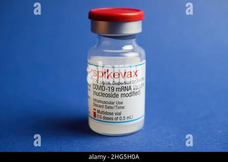 Viersen, Germany - January 9. 2022: Closeup of one isolated mRNA vaccination serum vial Moderna Spikevax , blue background Stock Photo