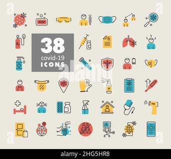Set corona virus vector flat icons. Symptoms and protective antivirus icons related to coronavirus, 2019-nCoV. Human pneumonia covid-19 Stock Vector