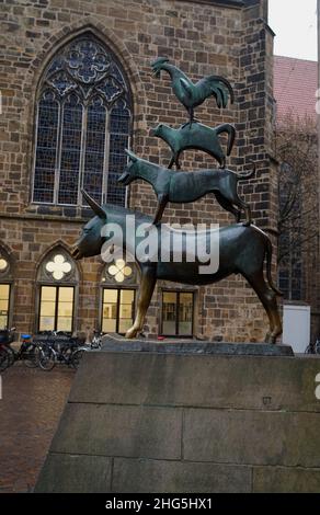 Bremen, Germany - Jan 16 2022 Bronze Statue The Town Musicians of Bremen on market square in the old inner town. It's referring to a Grimm fairytale Stock Photo