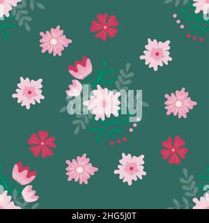 Blooming pink flowers seamless pattern on dark green background. Flowers and plant image for fabric, fashion, wallpapers. Concept floral design Stock Vector