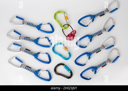 Carabiners with  screw lock, with automatic twist lock, with straight gate and wire gate. Stock Photo