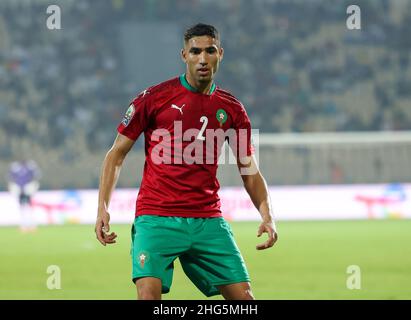 YAOUNDE, CAMEROON - JANUARY 18: Achraf Hakimi of Morocco during the 2021 Africa Cup of Nations group C match between Gabon and Morocco at Stade Ahmadou Ahidjo on January 18, 2022 in Yaounde, Cameroon. (Photo by SF) Stock Photo