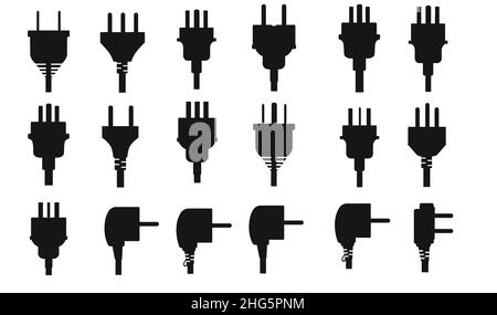 Black silhouette set of different types of power plugs vector illustration on white background Stock Vector